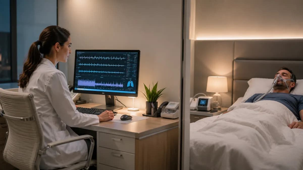 Examen du sommeil : une praticienne observe des tracés respiratoires à l'écran tandis qu'un patient dort, masque d'apnée sur le visage, dans la chambre voisine.