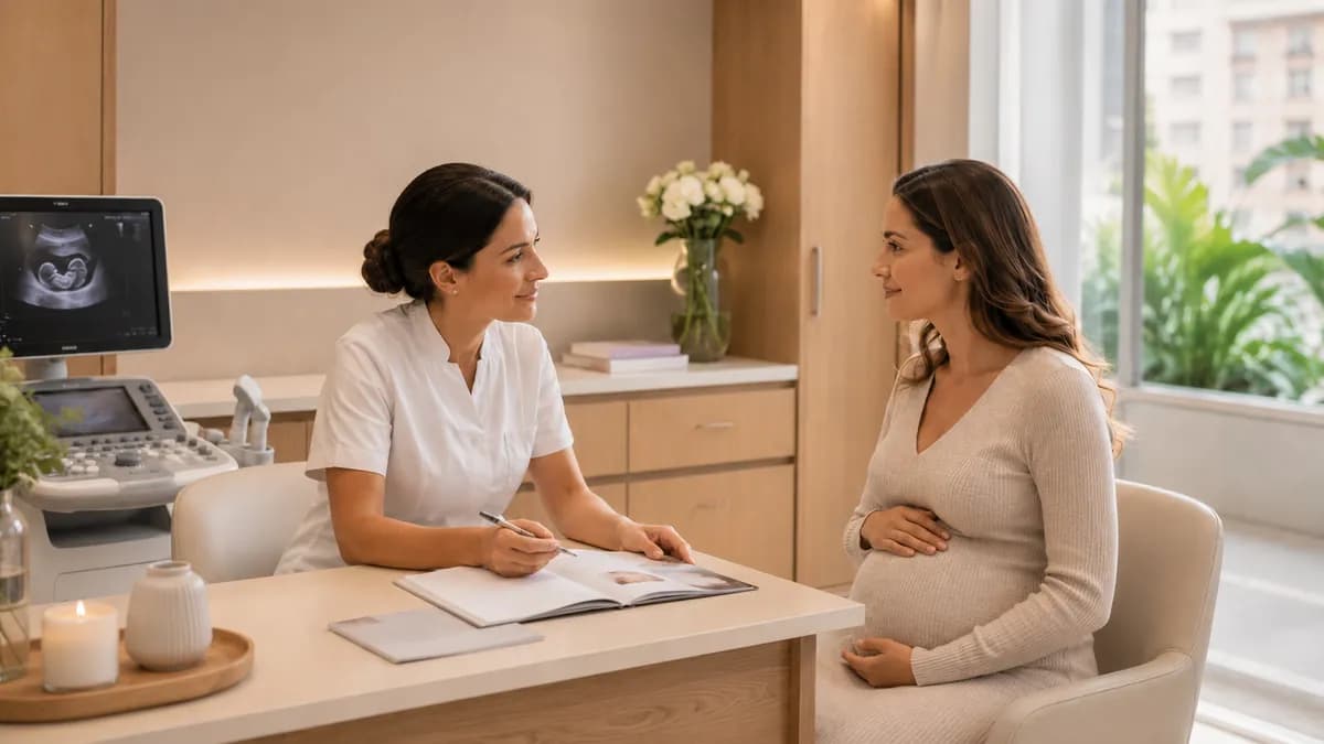 Suivi de grossesse : une sage-femme échange avec une femme enceinte, la main sur son ventre, un échographe affichant une image fœtale à proximité.