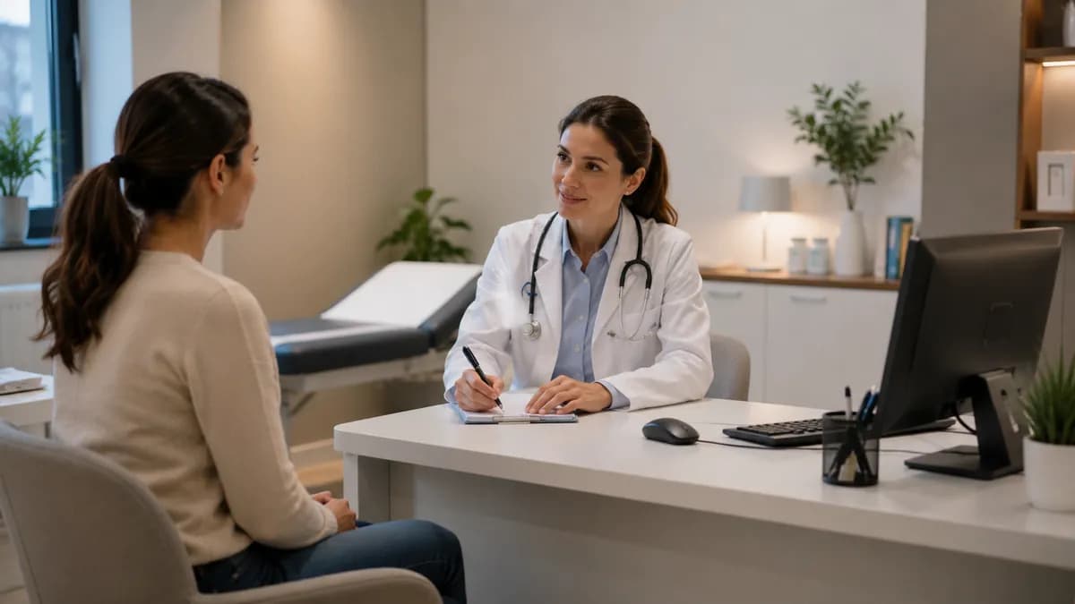 Consultation de médecine générale : une praticienne en blouse, stéthoscope au cou, prend des notes face à une patiente dans un cabinet clair.